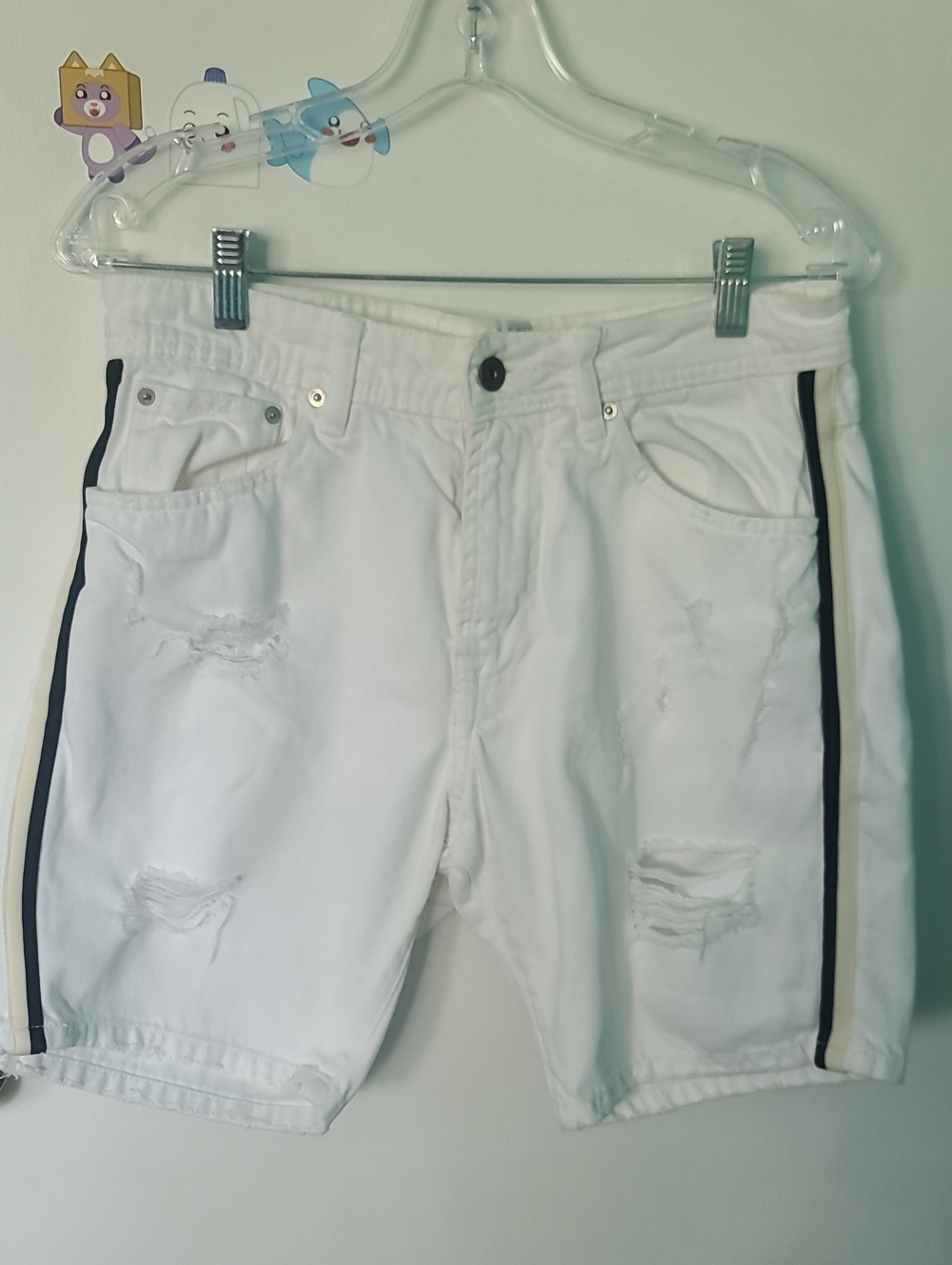 Zara White Denim Shorts with Navy Side Stripes